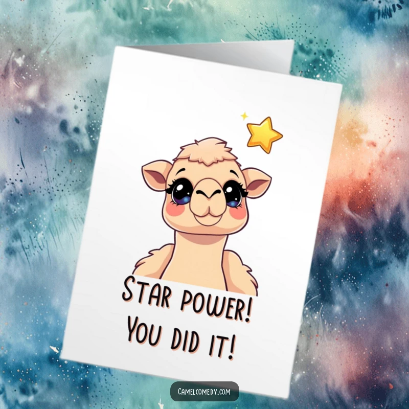 Free Printable Congratulations Card: Camel with bright, amazed eyes looking up at a whimsical, floating star.