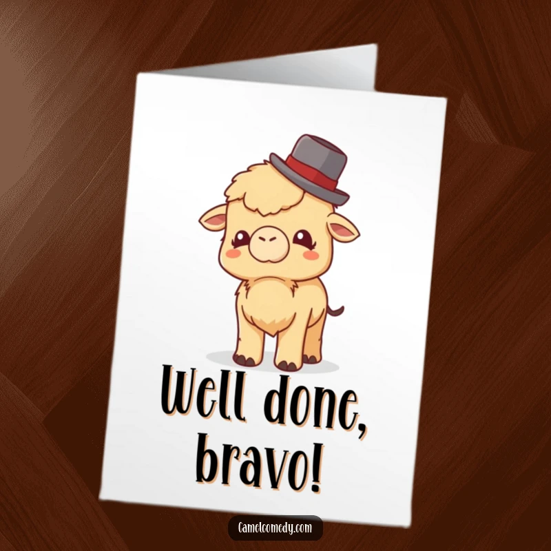 Funny Free Printable Congratulations Card: A little camel tips a tiny bowler hat with a polite giggle, congratulating success.