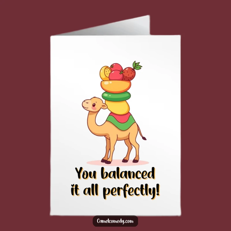 Free Printable Congrats Card: Humorous Kawaii Camel Fruit Balance, Amazing Downloadable Gift