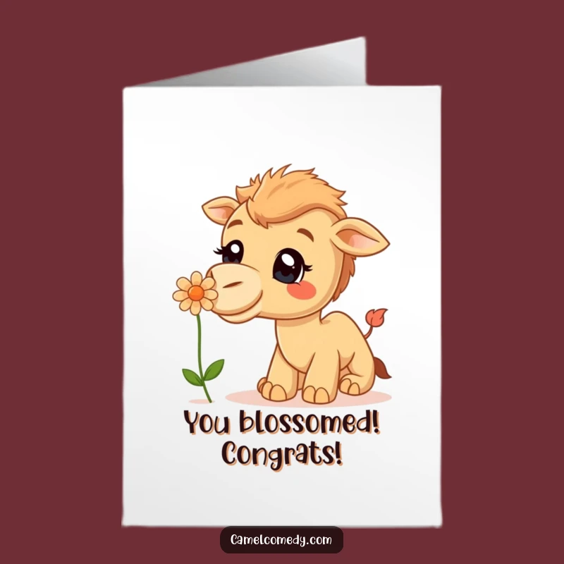 Free Printable Happy Camel Congratulations Card: Flower Sniff Downloadable