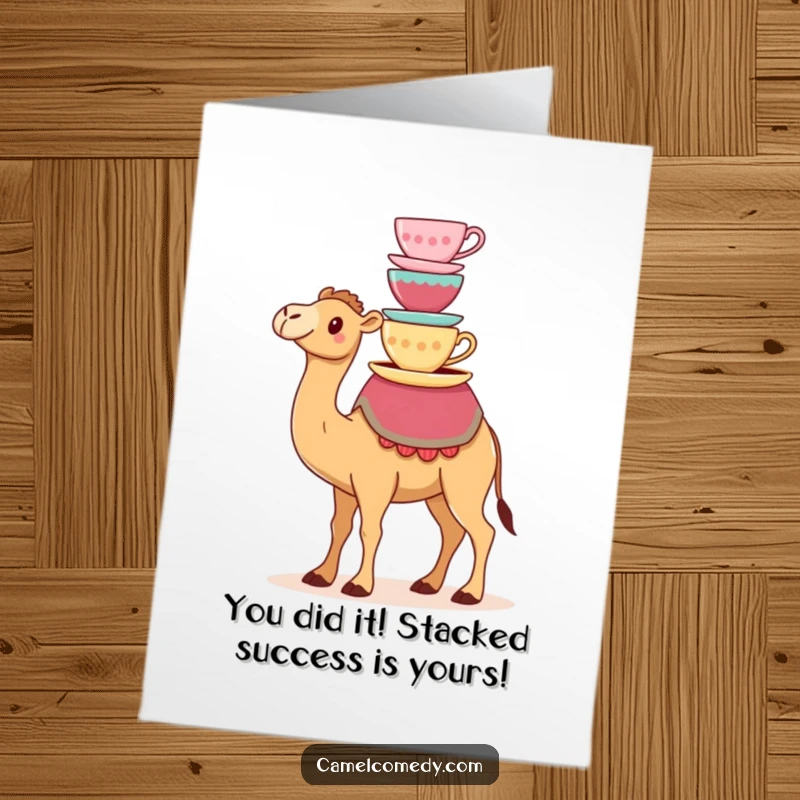 Funny Free Printable Congrats Card: Kawaii camel successfully balances a stack of colorful teacups, a triumphant expression.