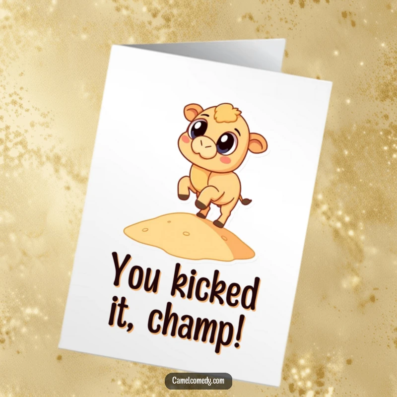 Funny Free Printable Congratulations Card: Whimsical camel kicking sand, celebrating success with comedic flair.