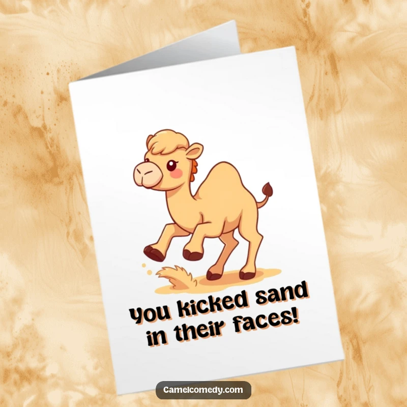 Funny Free Printable Congratulations Card: A Kawaii camel energetically kicking up sand, symbolizing a triumphant achievement.