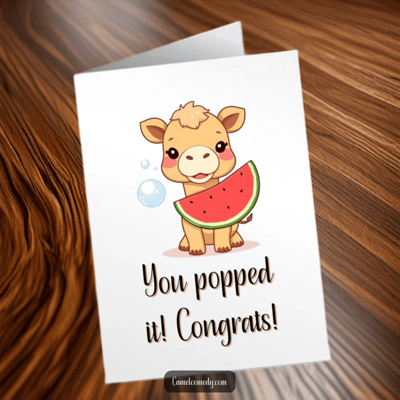 Funny Free Printable Congrats Card: Camel pops a massive watermelon bubble, symbolizing a spectacular success or achievement.