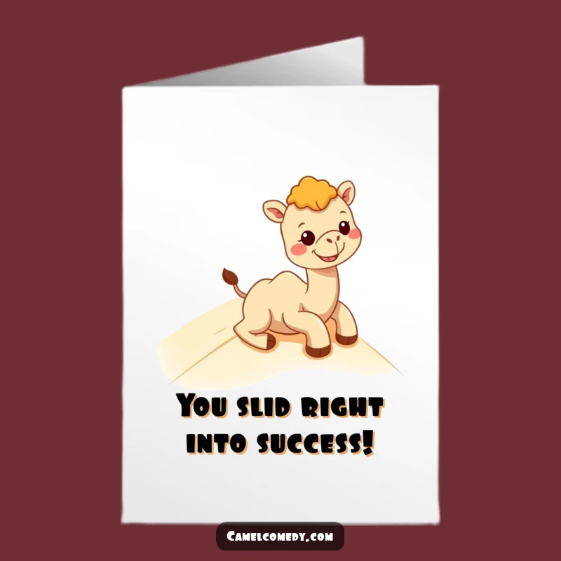 Free Printable Congrats Card: Kawaii Camel Sliding Dune, Funny Downloadable Gift for Any Achievement