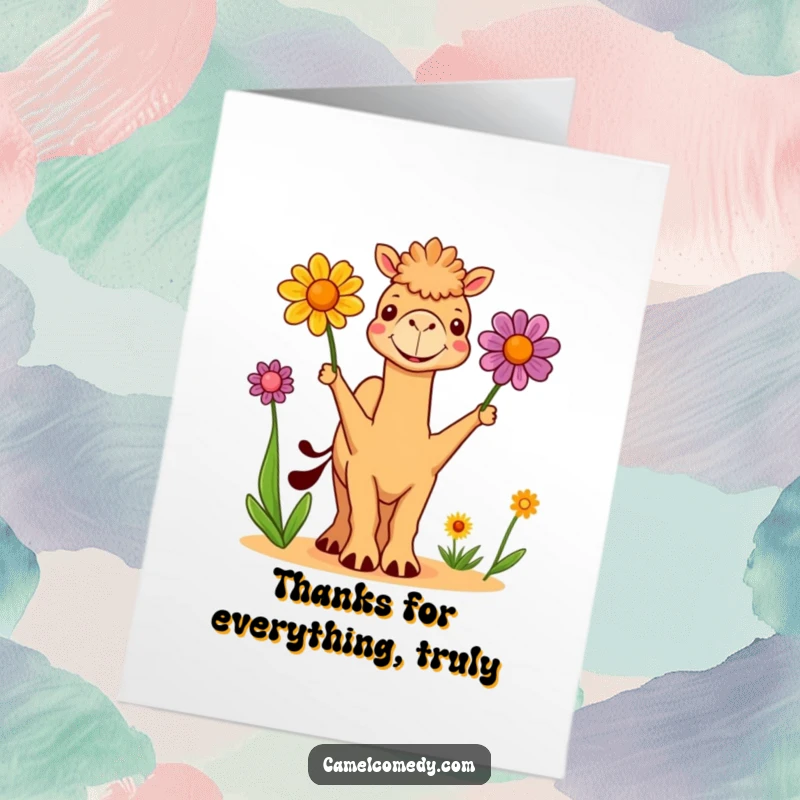 Funny Free Printable Thank You Card: A cute camel skillfully juggles three colorful desert flowers, expressing heartfelt thanks.