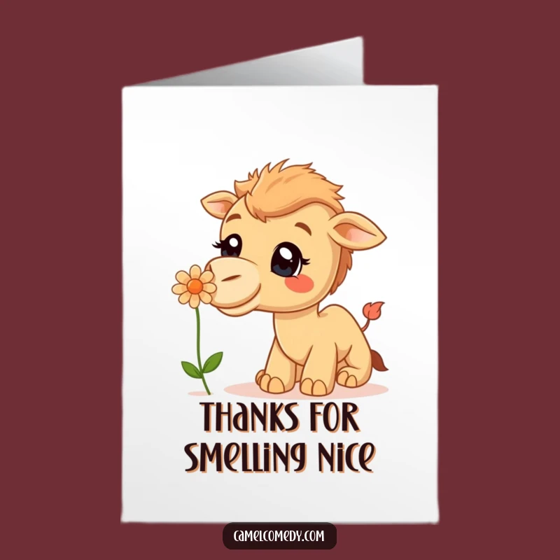 Free Printable Smiling Camel Thank You Card: Flower Sniff Downloadable