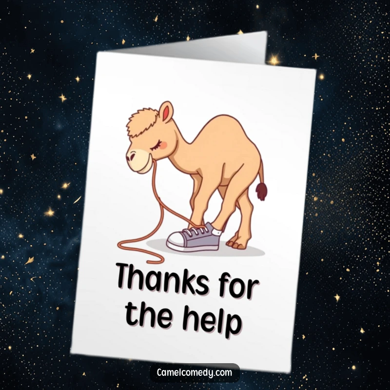 Funny Free Printable Thank You Card: A camel looking a bit clumsy as it bends to tie a ridiculously large shoelace.