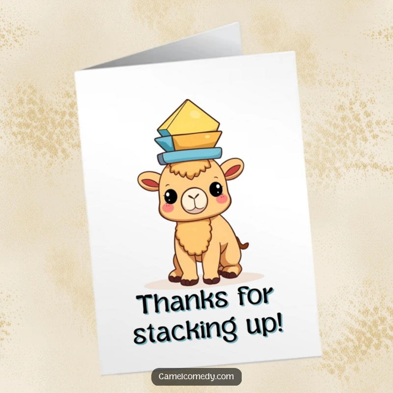 Funny Free Printable Thank You Card: A Kawaii camel balances shapes, smiling gratefully for your kindness.