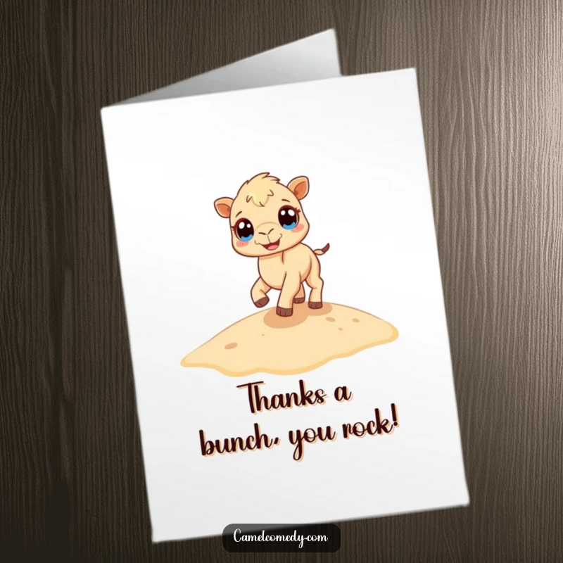 Funny Free Printable Thank You Card with a tiny, wide-eyed camel bouncing on a sand dune, expressing gratitude with a smile.