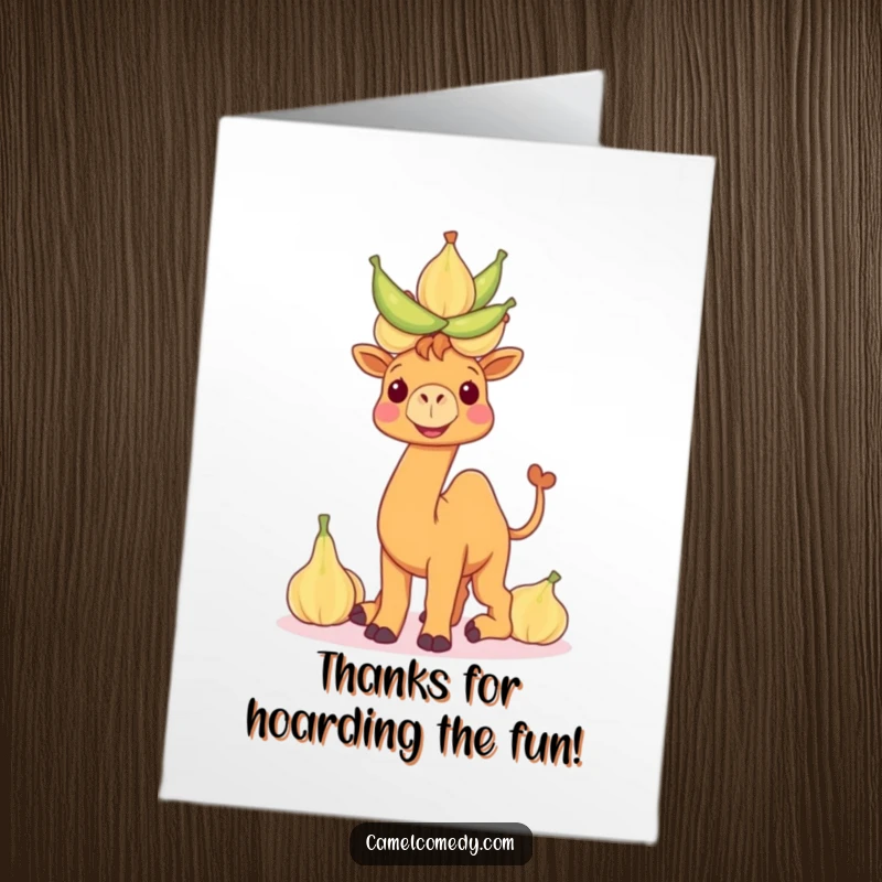 Funny Free Printable Thank You Card: Camel beaming while balancing an impressive stack of water gourds.