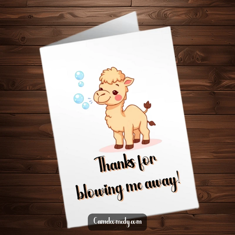 Funny Free Printable Thank You Card: A smiling camel blows a stream of shiny bubbles, symbolizing thanks.