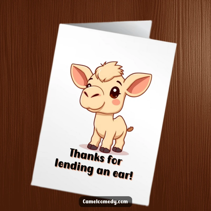 Funny Free Printable Thank You Card: A Kawaii camel tilting its head inquisitively, ears wide, showing it's listening.