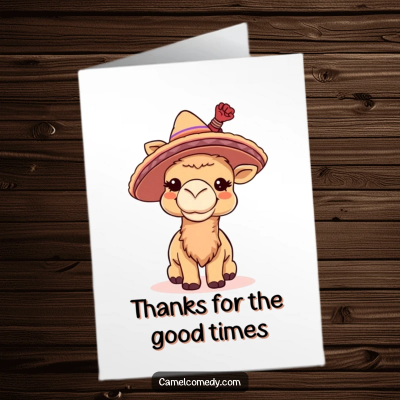 Funny Free Printable Thank You Card: A camel wearing a tiny sombrero, giggling and tipping it with joy.
