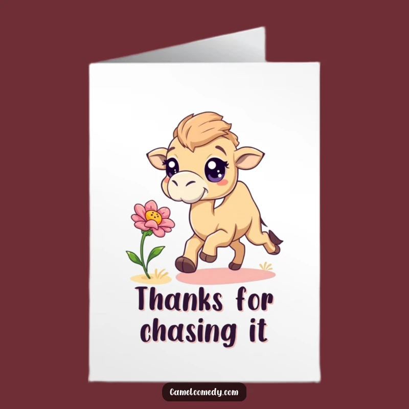 Free Printable Thank You Card: Playful Camel Flower Chase, Perfect Downloadable Humorous Gesture