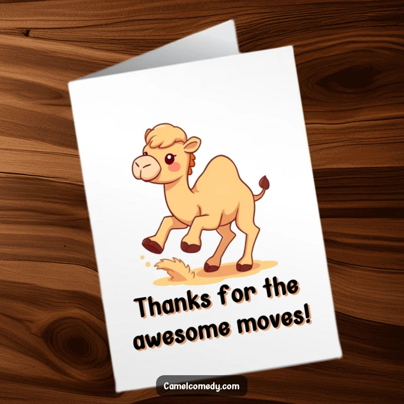 Funny Free Printable Thank You Card: A happy Kawaii camel kicking sand with enthusiasm, perfect for a playful thank you.