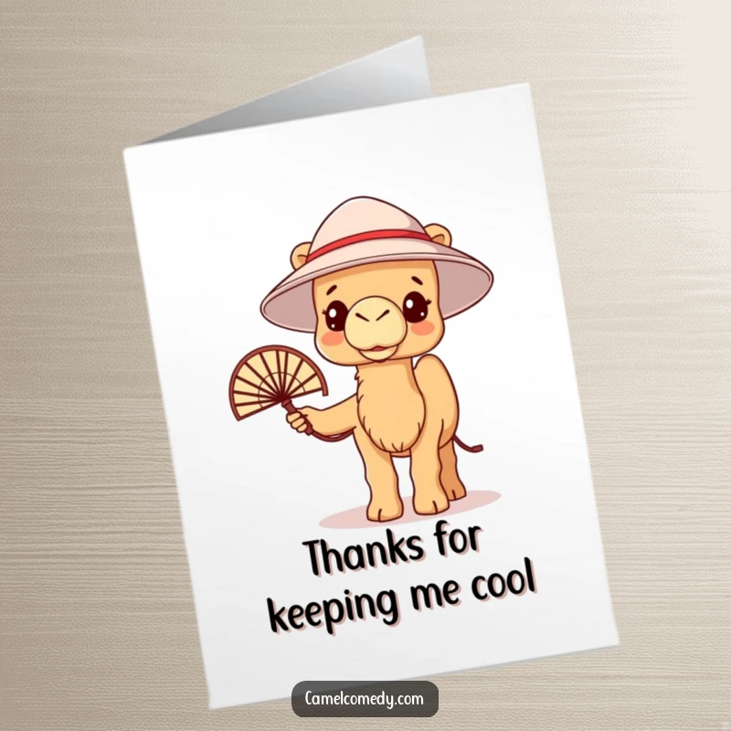Funny Free Printable Thank You Card: A cute kawaii camel looks warm, fanning itself under a bucket hat.