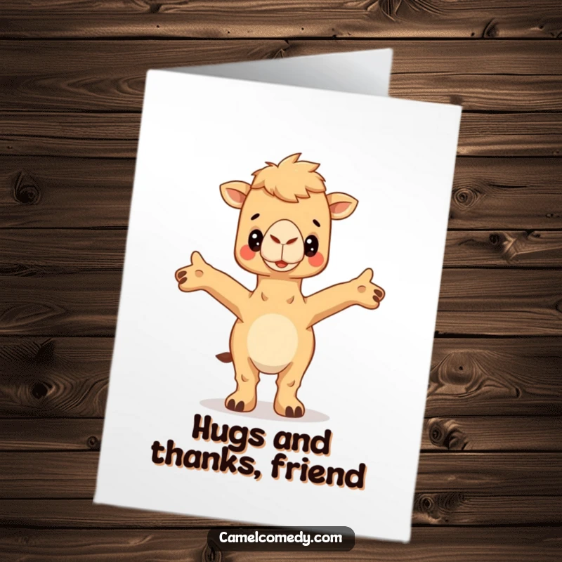 Funny Free Printable Thank You Card: A camel stands with arms outstretched, ready to give a thankful hug.