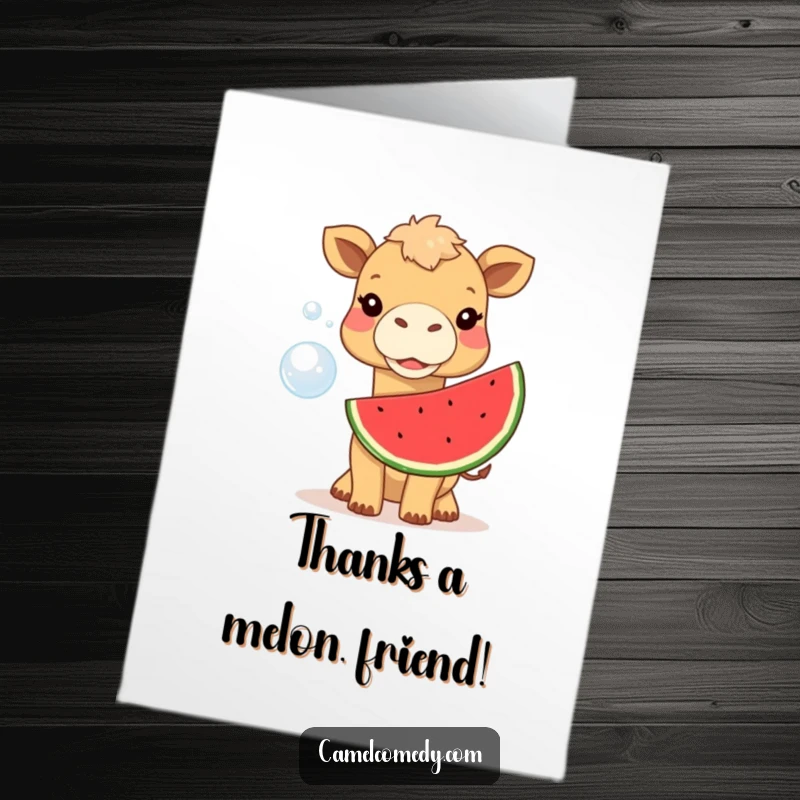 Funny Free Printable Thank You Card: Camel blows a huge watermelon bubble, a sweet and funny way to say thanks.