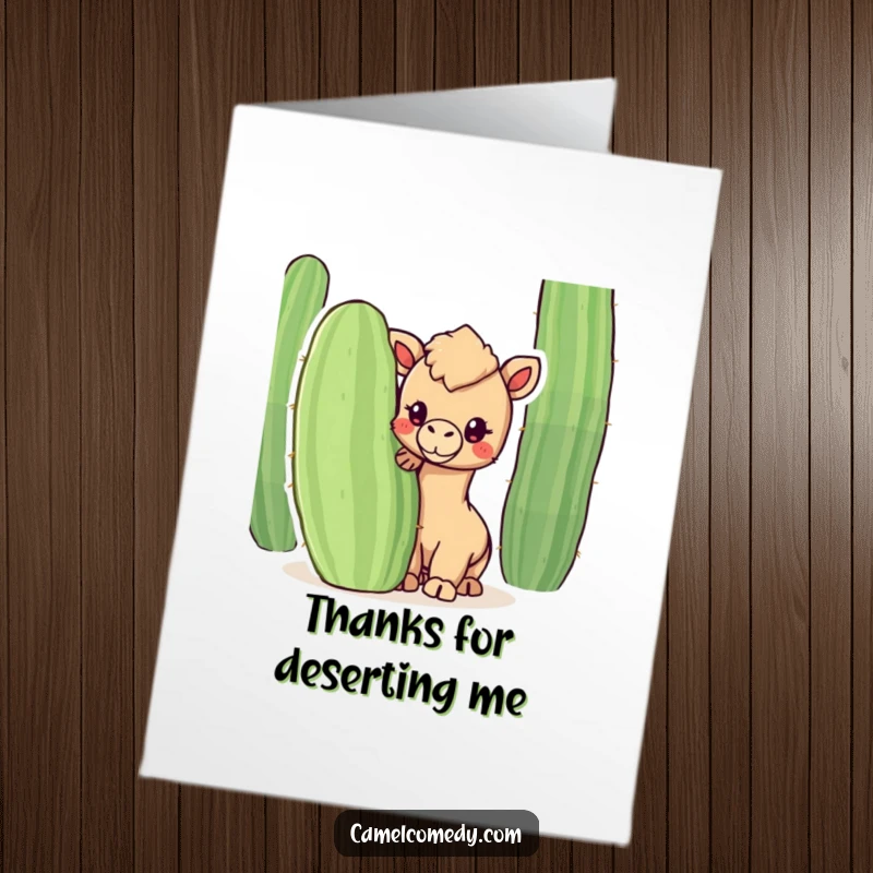 Funny Free Printable Thank You Card: A kawaii camel peeks from behind a big cactus, waving a friendly thank you.