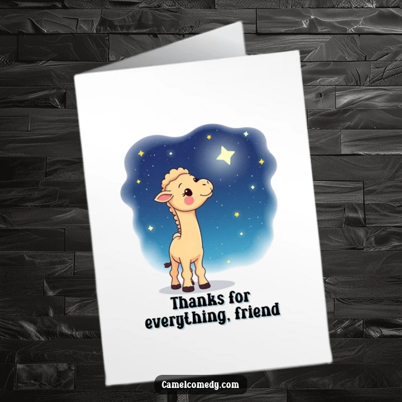Funny Free Printable Thank You Card: A camel gazing at a starry night sky, conveying deep thanks.