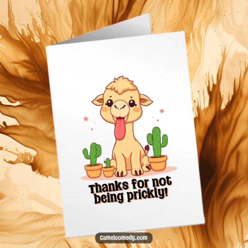 Funny free printable thank you card depicting a camel with its tongue out, skillfully juggling three small cacti.