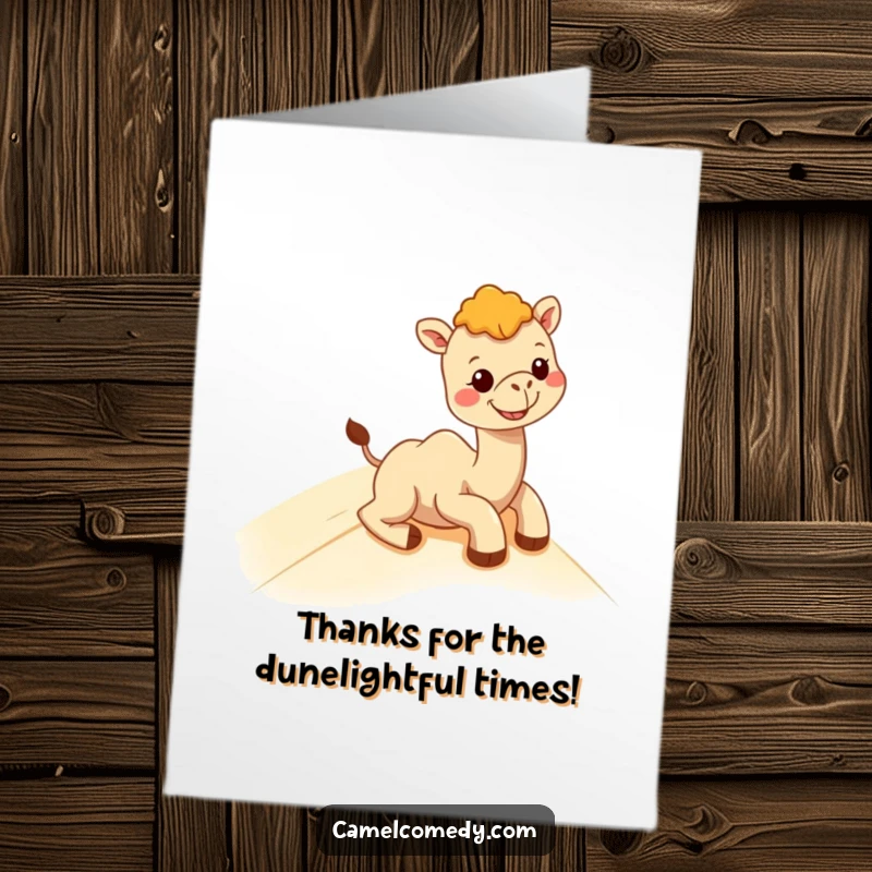 Funny Free Printable Thank You Card: A delighted kawaii camel enjoys a sandy slide with a big grin.