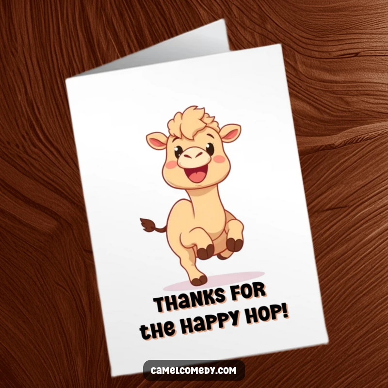 Funny Free Printable Thank You Card: Camel with a massive happy expression doing a silly, bouncy hop.
