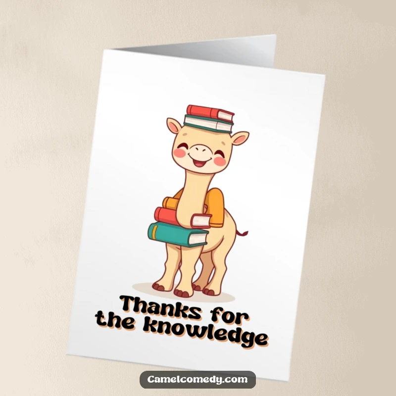 Funny Free Printable Thank You Card: A joyful camel balances books, thanking you for sharing your knowledge.