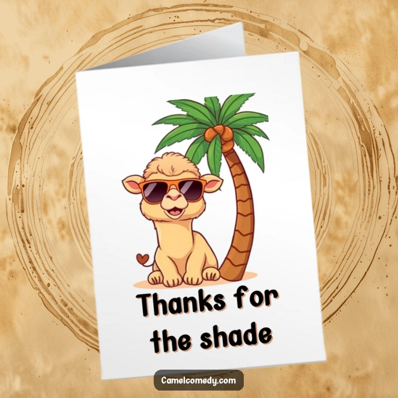 Funny Free Printable Thank You Card: A cool kawaii camel peeks from behind a palm tree, sunglasses shielding its eyes.
