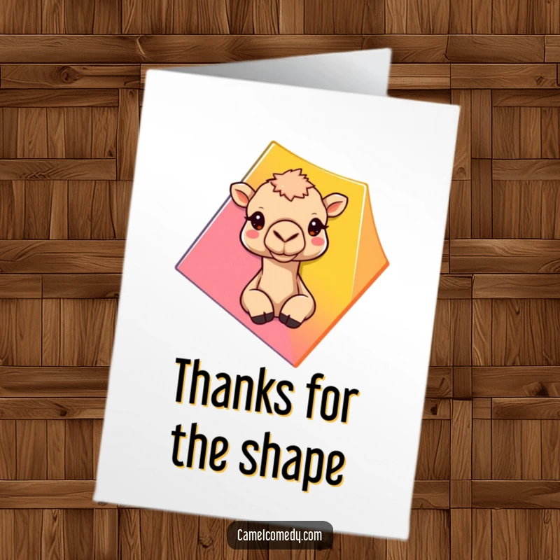 Funny Free Printable Thank You Card: Curious camel peeking out from behind a bright shape, a fun thank you.