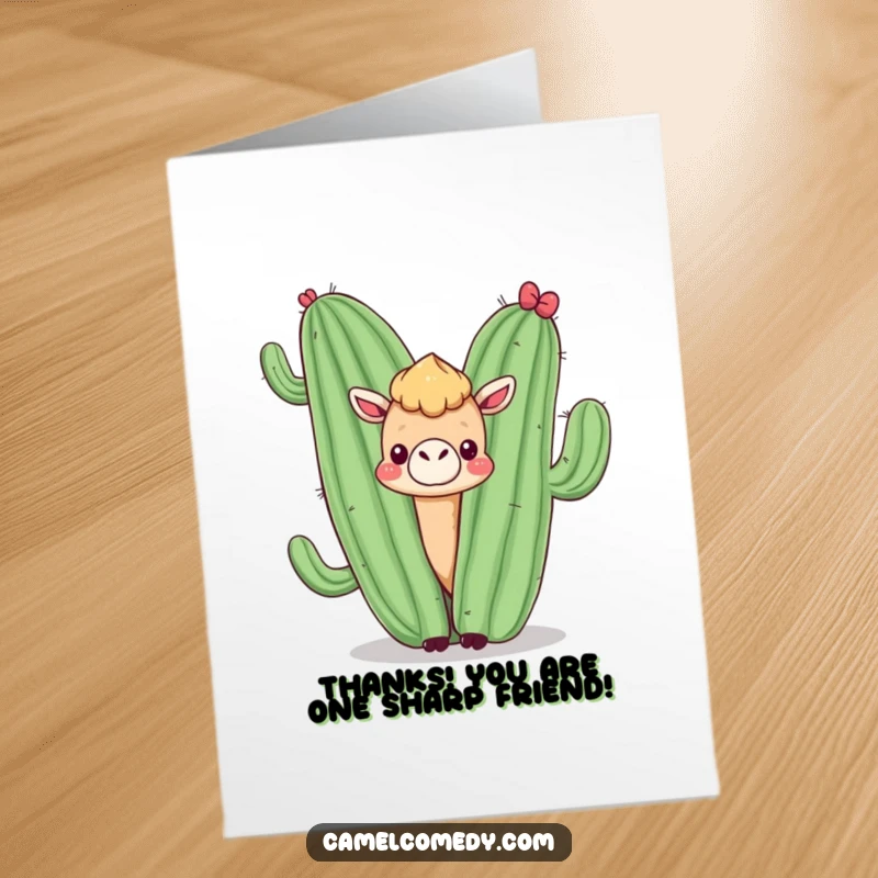 Funny Free Printable Thank You Card: A kawaii camel peeks from behind a big smiling cactus, offering thanks.