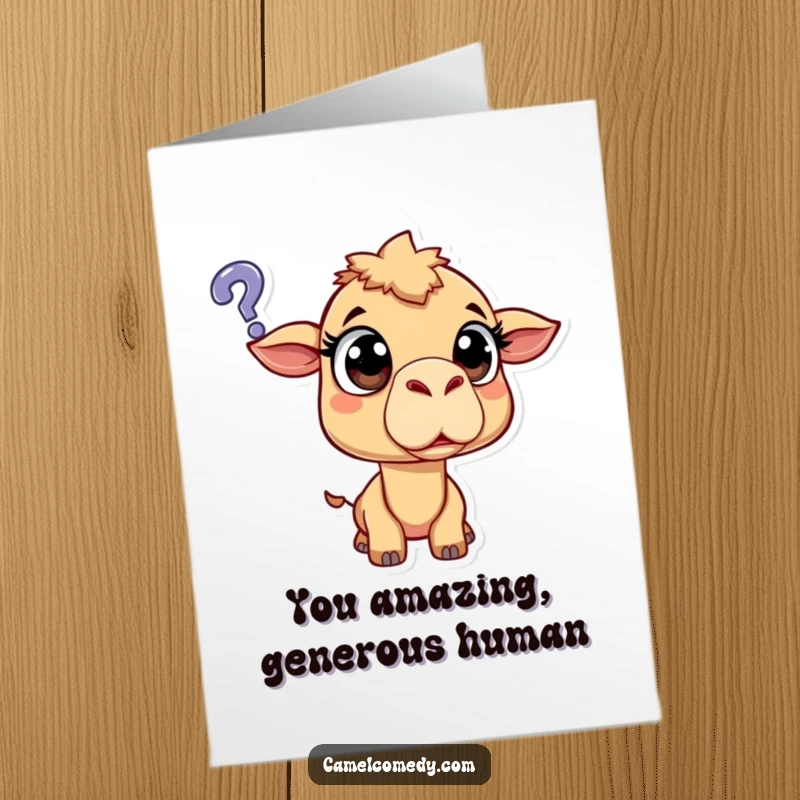 Funny Free Printable Thank You Card showing a camel with its mouth agape, eyes wide, looking at a question mark.