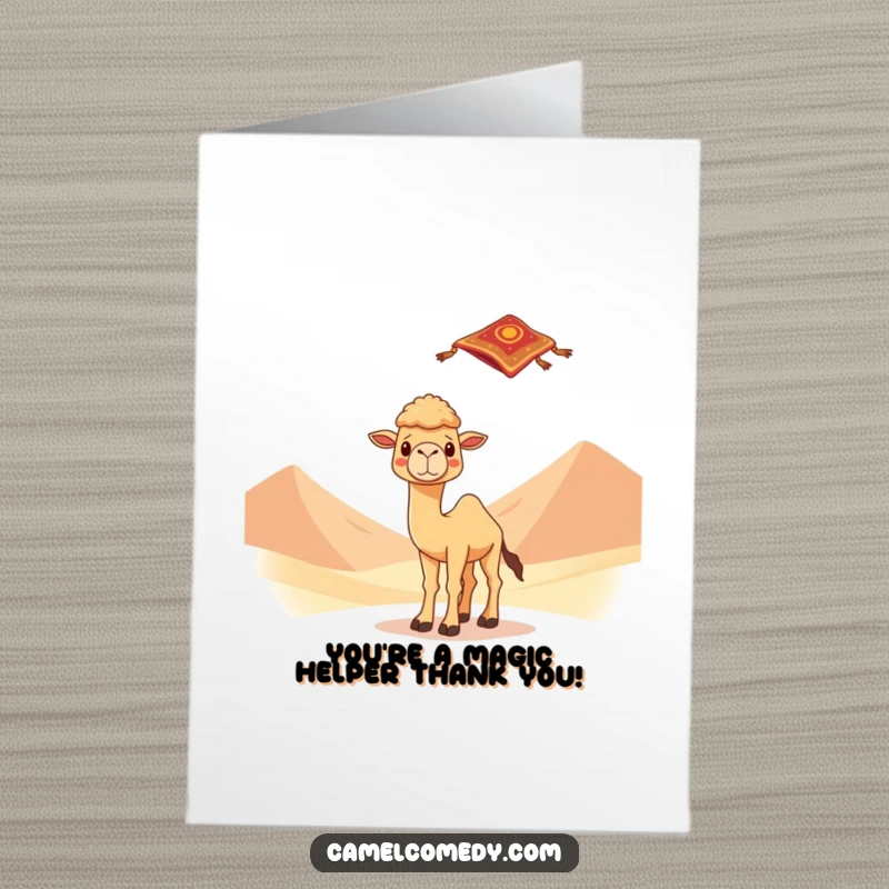 Funny Free Printable Thank You Card: A kawaii camel looks surprised as a flying carpet materializes in the desert landscape.