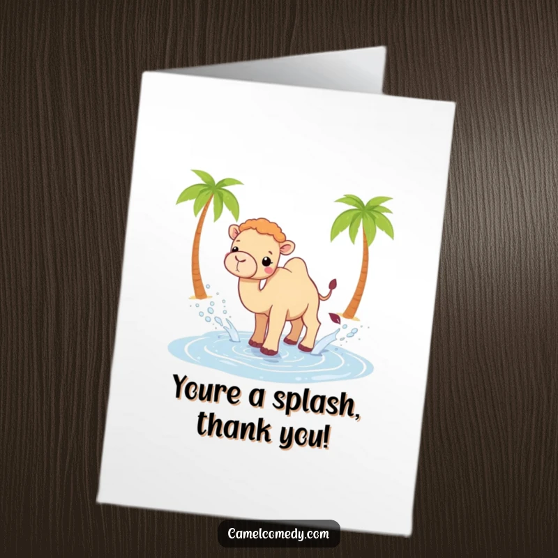 Funny Free Printable Thank You Card: Kawaii camel splashing water from an oasis, sending a refreshing thank you message.