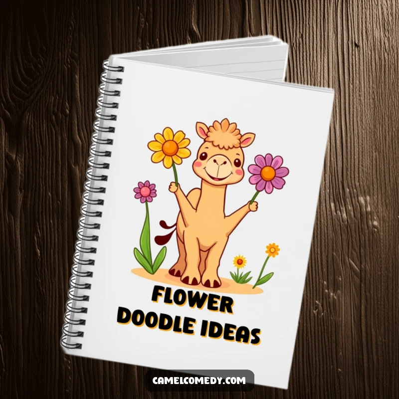 Funny Notebook: a cute camel artistically juggles three colorful desert flowers, perfect for jotting down funny thoughts and ideas.