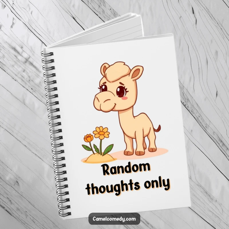 Funny Camel Notebook featuring a camel looking bewildered at a desert flower, perfect for humorous and befuddled note-taking.