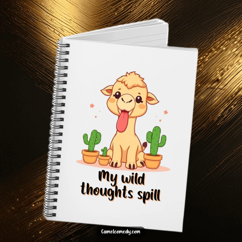 Funny notebook featuring a camel sticking its tongue out while juggling three small cacti, ready for jotting down daring thoughts.
