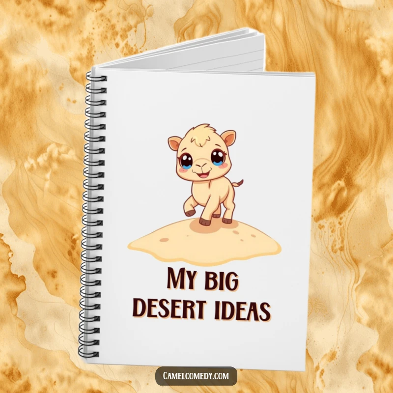 Funny camel notebook featuring a tiny camel with huge eyes enthusiastically bouncing on a sand dune, perfect for capturing funny thoughts.