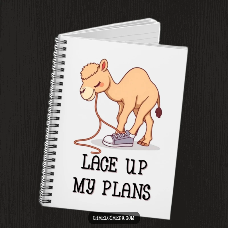 Funny camel notebook featuring a camel bending over to tie a comically large shoelace, perfect for jotting notes.
