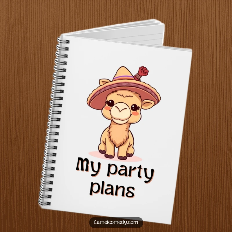 Funny notebook with a giggling camel wearing a tiny sombrero and tipping it, perfect for jotting down festive ideas.