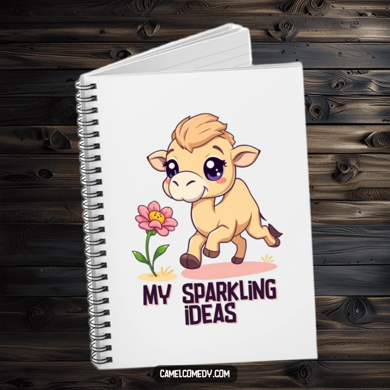 Funny camel with sparkling eyes chasing a desert flower, featured on the cover of a humorous notebook.