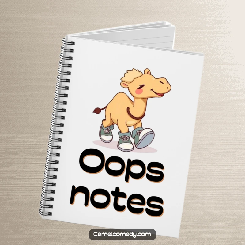 Funny notebook featuring a giggling camel comically tripping over its own oversized shoes, perfect for capturing creative ideas and funny thoughts.