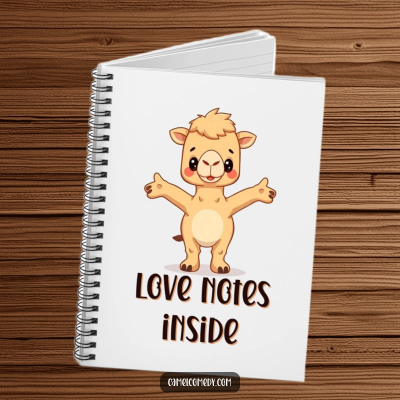 Funny Camel Notebook featuring a camel with arms outstretched, inviting a hug, perfect for warm and humorous note-taking.