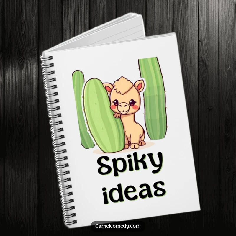 Funny notebook with a kawaii camel peeking from behind a cactus, designed for jotting down thoughts with humorous desert charm.