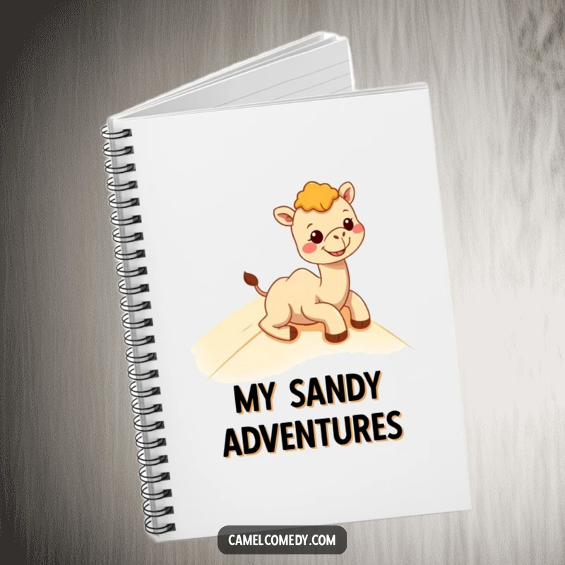 Funny kawaii camel sliding down a sand dune with an enormous grin, featured on the cover of a lined notebook.