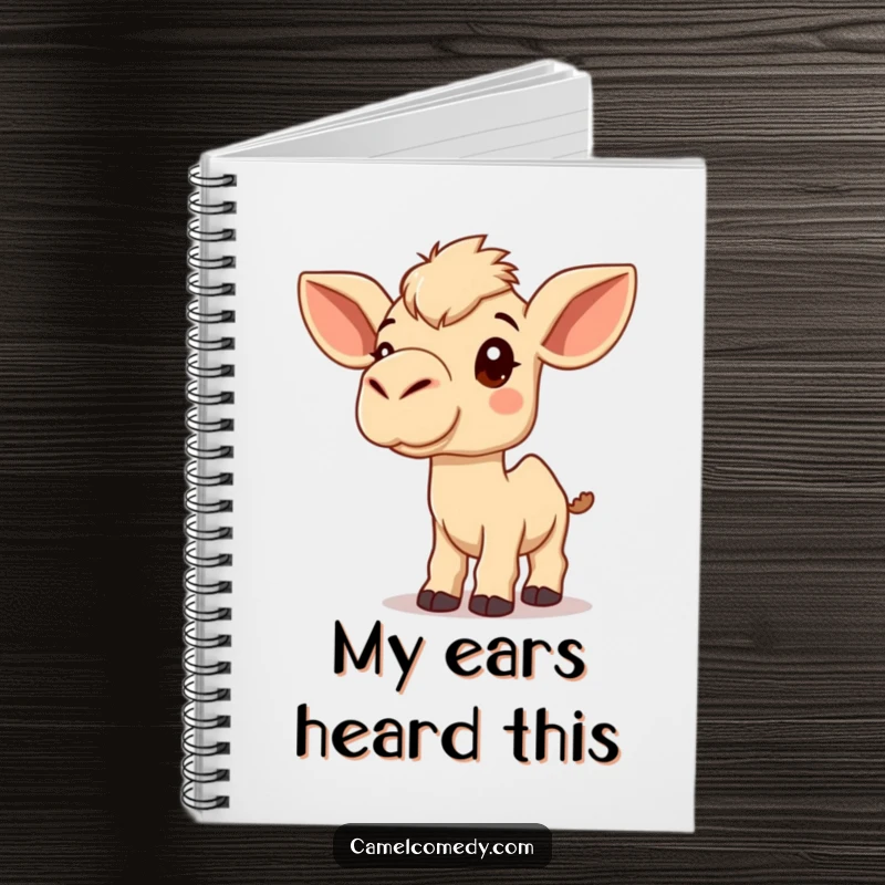 Funny Kawaii Camel Notebook with a cute camel listening inquisitively, perfect for notes and thoughtful journaling.