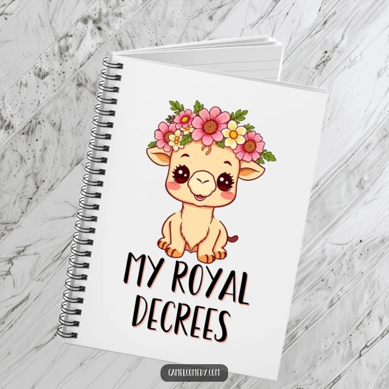 Funny kawaii camel with a desert flower crown, beaming on a notebook cover, perfect for jotting down humorous thoughts.