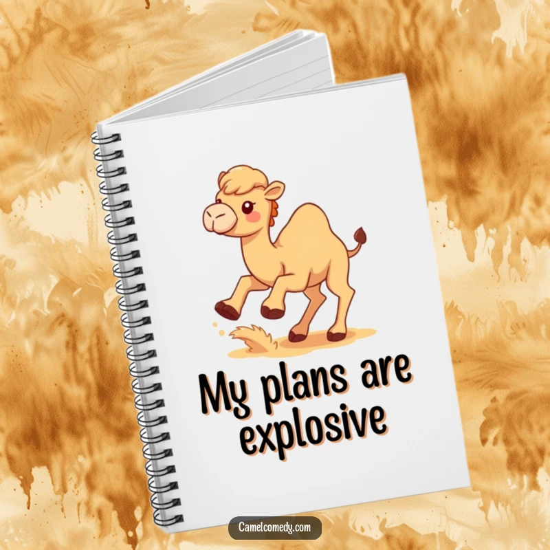 Funny Kawaii Camel Notebook with a cute camel kicking up sand, perfect for notes and creative ideas.