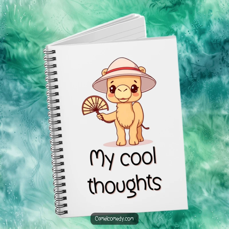 Funny kawaii camel wearing a bucket hat and fanning itself, looking warm, featured on a notebook.